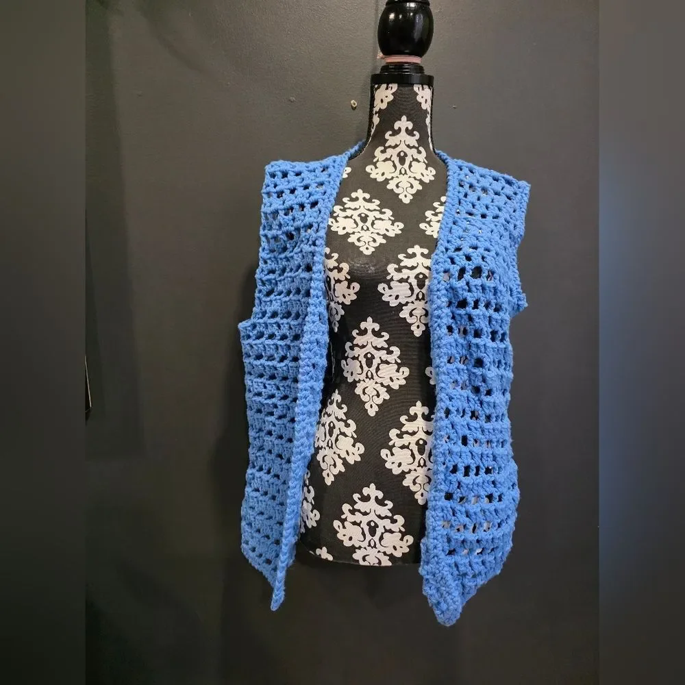 Blue Crochet Open Front Vest Cardigan